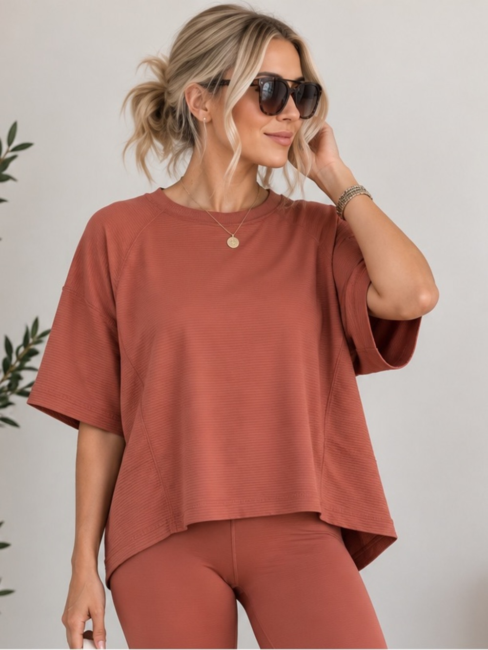 CALIA Women’s Large Ribbed Oversized Workout Top Terracotta Rust Athleisure